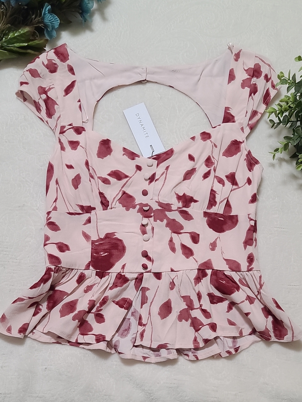 Dynamite Blush Pink Burgundy Floral Viscose Rayon Peplum Top